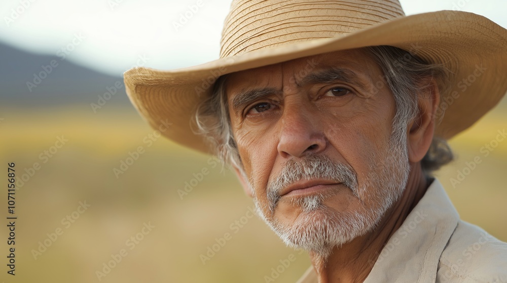 Fototapeta premium Close-up portrait of a determined-looking senior farmer wearing a straw hat, standing in a field, possibly contemplating the harvest or the challenges of agriculture