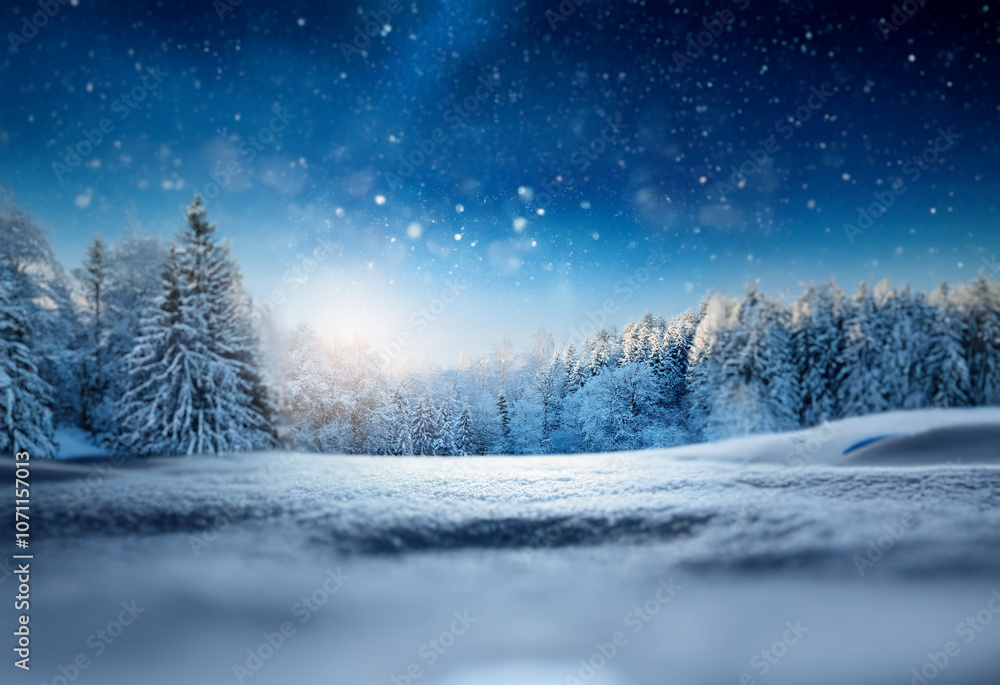 Fototapeta premium A snowy landscape with a dense forest in the background, lit by the setting sun. The sky is a deep blue with stars, and snow falls softly.