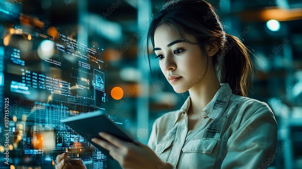 Young woman analyzes data using technology tools Young woman analyzes data using technology tools