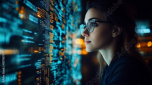 Young woman analyzes data on digital screen