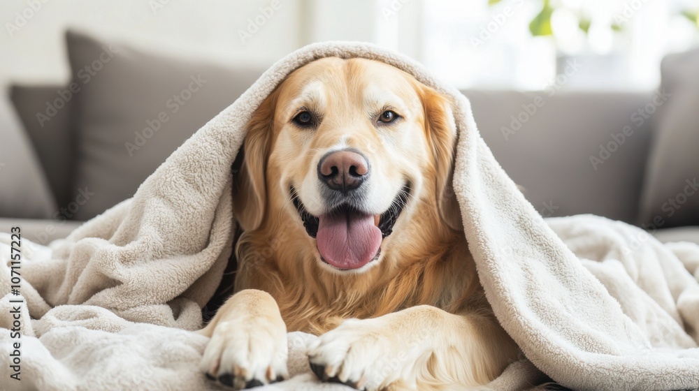 Obraz premium A dog is laying on a blanket with its head under a towel