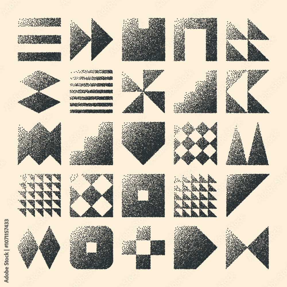 Fototapeta premium Brutalist geometric shapes, dotted objects. Stipple elements modern symbols. Simple primitive forms. Retro design, trendy contemporary minimalist style, y2k. Dot shading, drawing. Vector illustration