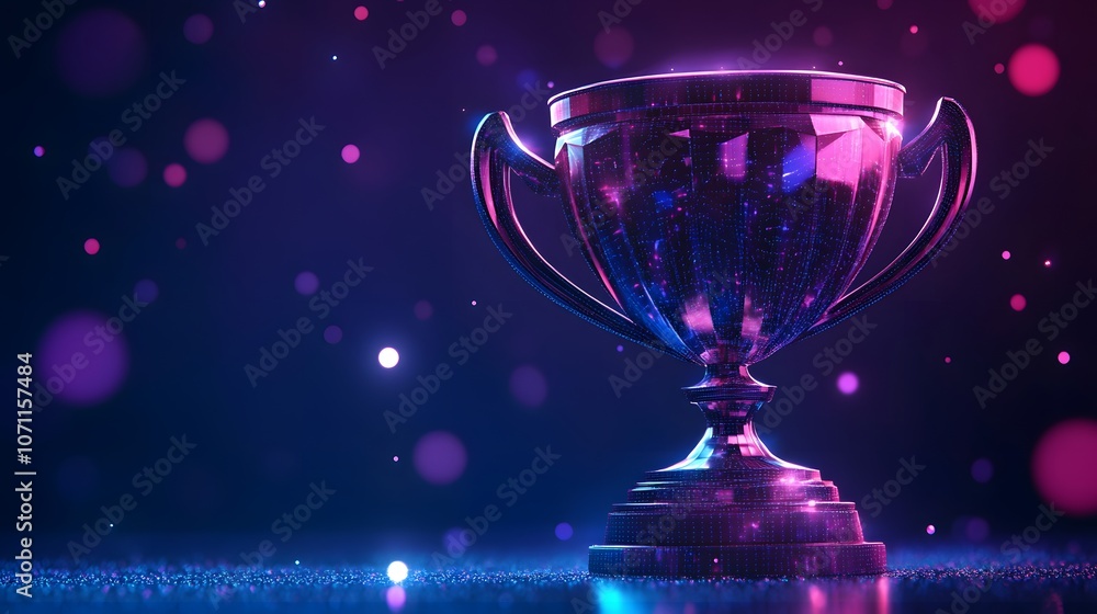 A Glittering Trophy Illuminated by Neon Lights on a Dark Background A Glittering Trophy Illuminated by Neon Lights on a Dark Background