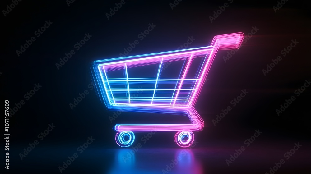 Neon Pink and Blue Shopping Cart Icon on Black Background Neon Pink and Blue Shopping Cart Icon on Black Background