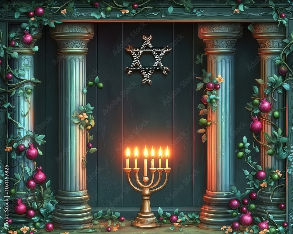 Elegant Hanukkah Menorah Lit with Glowing Candles Surrounded by Festive Greenery and Ornaments in Classical Architecture Setting Featuring Star of David Elegant Hanukkah Menorah Lit with Glowing Candles Surrounded by Festive Greenery and Ornaments in Classical Architecture Setting Featuring Star of David