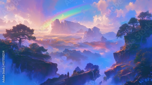 The early morning fog lifted to reveal a radiant rainbow mist painting the landscape in ethereal colors.