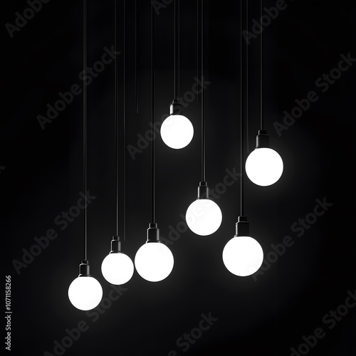 Seven White Lightbulbs Hanging from the Ceiling in a Dark Room photo