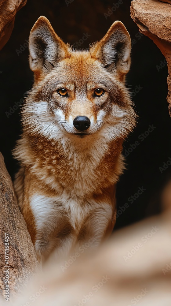 A red wolf with a white chest and a black nose stares intensely at the camera, half-hidden behind a rock formation. A red wolf with a white chest and a black nose stares intensely at the camera, half-hidden behind a rock formation.