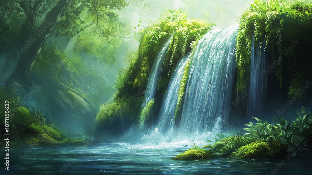 Serene waterfall in lush green forest Serene waterfall in lush green forest
