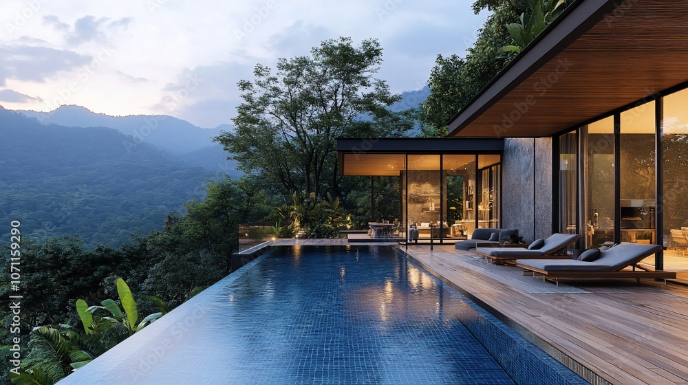 Fototapeta premium Modern house with infinity pool overlooking a lush jungle valley at dusk.