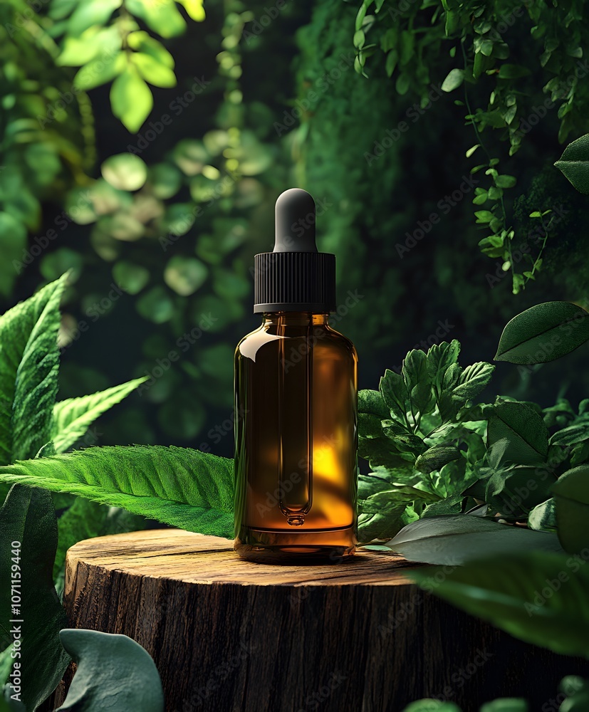 Amber Glass Dropper Bottle on a Tree Stump in a Lush Forest Setting. Mockup cosmetic skincare, product Amber Glass Dropper Bottle on a Tree Stump in a Lush Forest Setting. Mockup cosmetic skincare, product