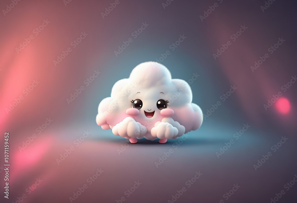A cute, fluffy cloud with rosy cheeks and big eyes sits on a plain background with colorful highlights. A cute, fluffy cloud with rosy cheeks and big eyes sits on a plain background with colorful highlights.