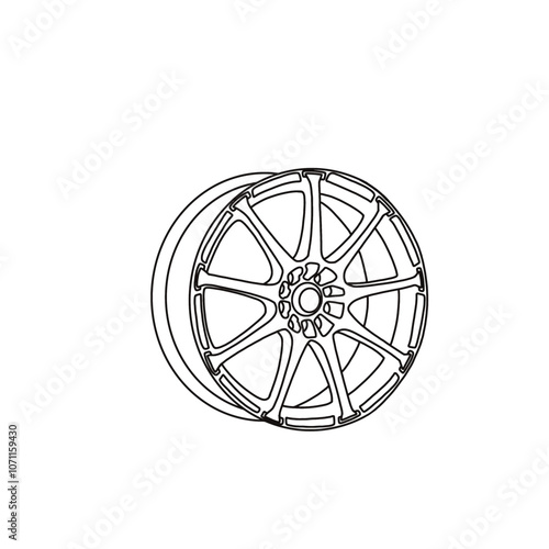 Line art design of a car wheel rim. Hand-drawn vector illustration of wheel rim flat icon. Outline vector doodle illustration. Isolated on a white background.