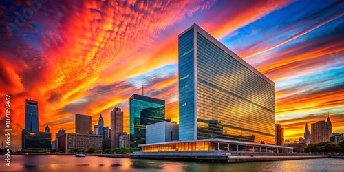 Silhouette of a United Nations Building Against a Colorful Sunset, Symbolizing Global Cooperation and Peace Initiatives in a Dynamic Urban Landscape photo