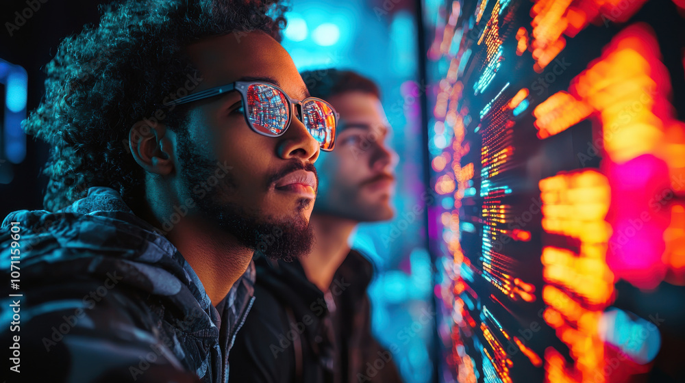 Two men observing vibrant digital displays with curiosity and focus Two men observing vibrant digital displays with curiosity and focus