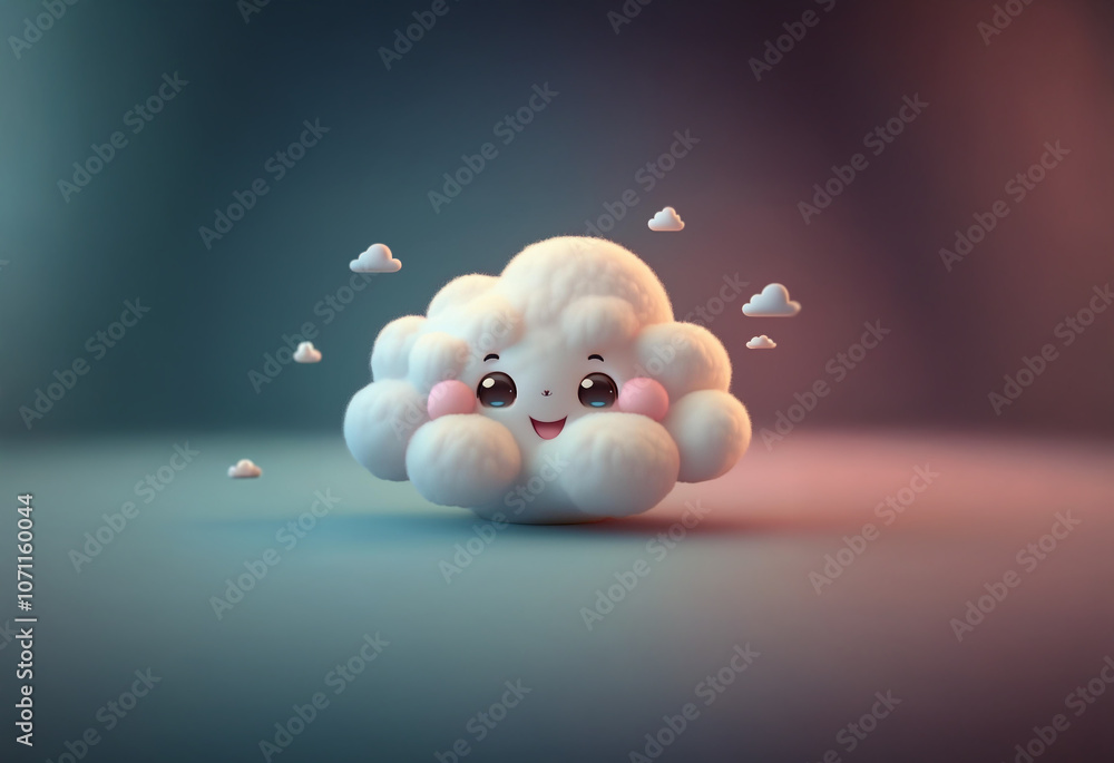 A cartoon cloud with a happy face floats in the air surrounded by smaller clouds. A cartoon cloud with a happy face floats in the air surrounded by smaller clouds.