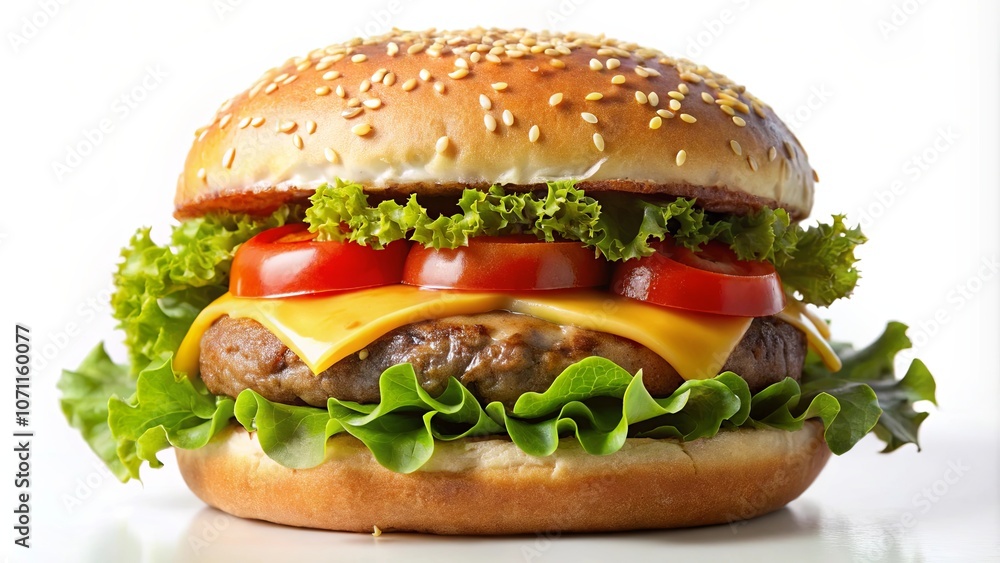 A Sesame Seed Bun Encasing a Savory Patty, Topped with Melted Cheese, Crisp Lettuce, and Juicy Tomato Slices A Sesame Seed Bun Encasing a Savory Patty, Topped with Melted Cheese, Crisp Lettuce, and Juicy Tomato Slices