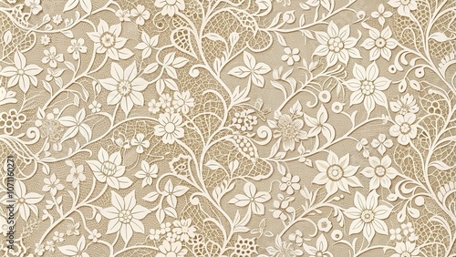 Intricate Floral Lacework An Exquisite Pattern of Delicate White Flowers and Curving Vines on a Soft Beige Background