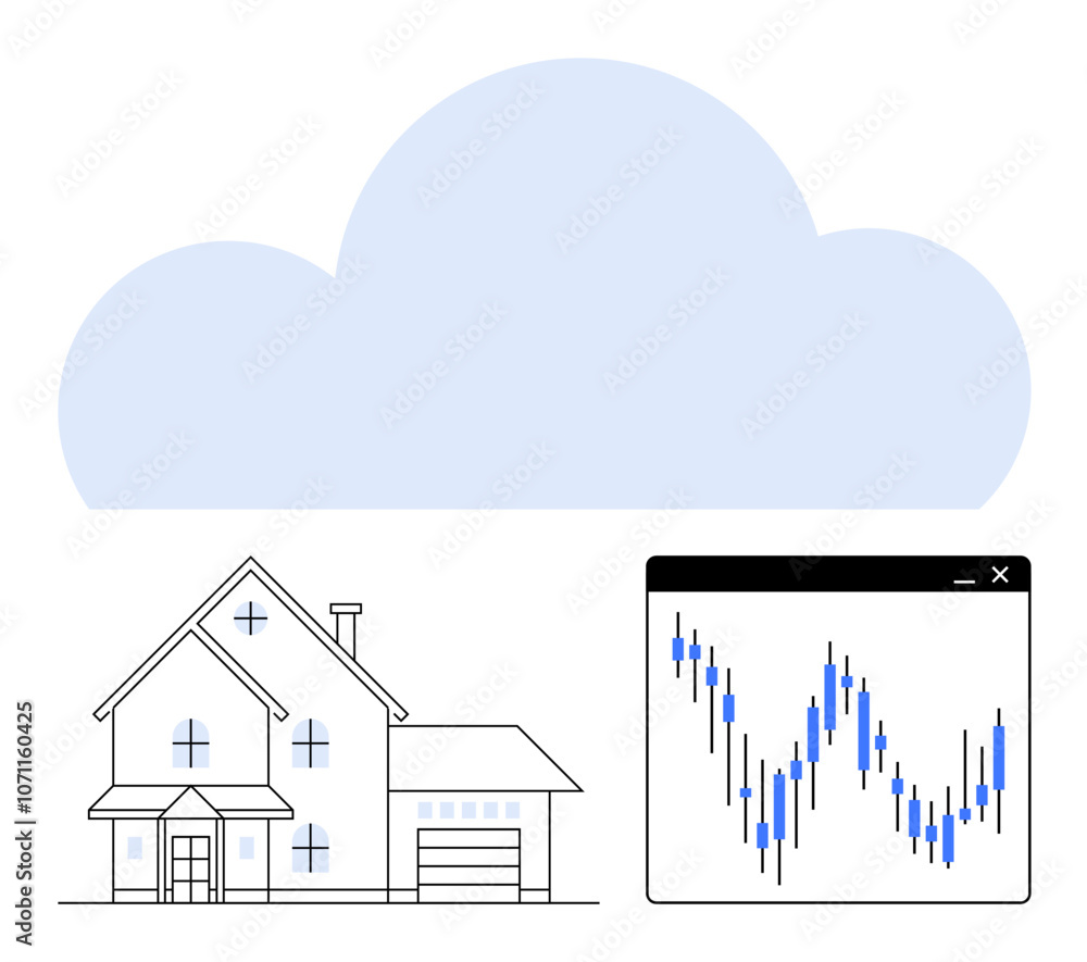 House with large cloud overhead, adjacent to a financial chart displaying fluctuating data. Ideal for cloud computing, real estate market, financial analysis, technology integration, data analytics House with large cloud overhead, adjacent to a financial chart displaying fluctuating data. Ideal for cloud computing, real estate market, financial analysis, technology integration, data analytics