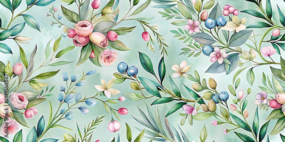 A symphony of delicate blossoms and vibrant berries, painted in shades of pink, blue, and green, intertwined with lush leaves, creating a captivating botanical tapestry. A symphony of delicate blossoms and vibrant berries, painted in shades of pink, blue, and green, intertwined with lush leaves, creating a captivating botanical tapestry.