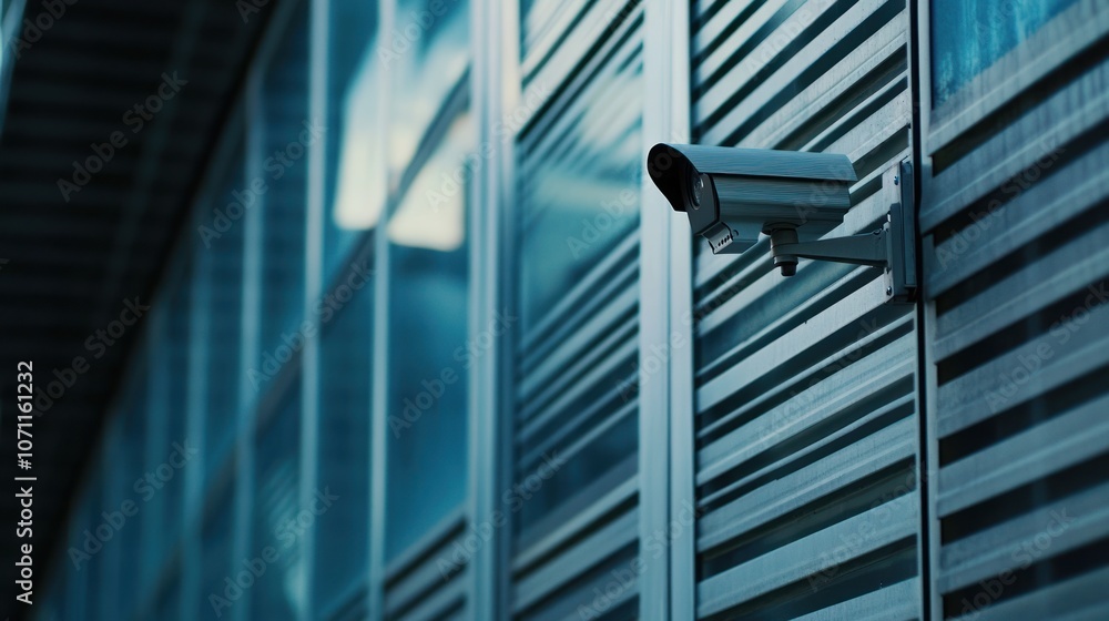 Outdoor security camera mounted on the side wall, spying and monitoring office activities. Modern urban cinematic dramatic building background and glass windows Outdoor security camera mounted on the side wall, spying and monitoring office activities. Modern urban cinematic dramatic building background and glass windows