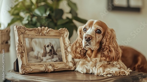 A decorative photo frame with a Cocker Spaniel motif, elegantly designed to highlight your favorite pictures of your furry companion. photo