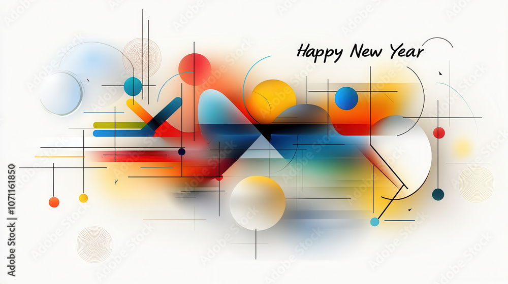 Obraz premium Vibrant abstract design celebrating Happy New Year with colorful shapes and lines. Perfect for festive greetings and decorations