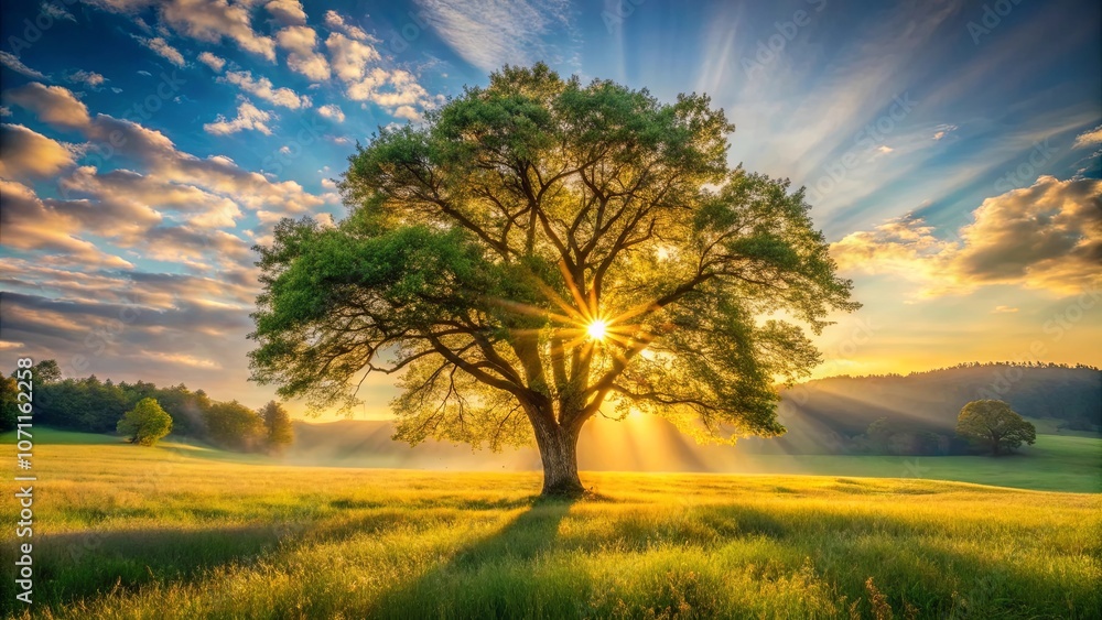 Fototapeta premium A solitary tree stands tall in a meadow, bathed in the golden glow of a rising sun, casting long shadows across the lush grass, a scene of tranquil beauty and natural splendor.