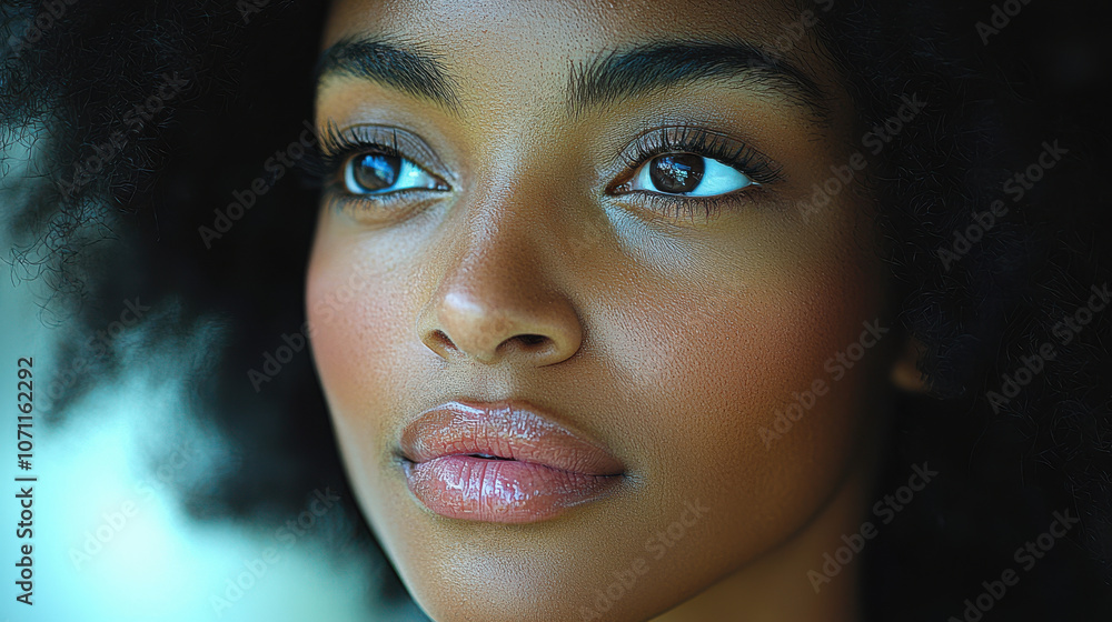 close up portrait of woman with natural curly hair and glowing skin. Her expressive eyes convey close up portrait of woman with natural curly hair and glowing skin. Her expressive eyes convey