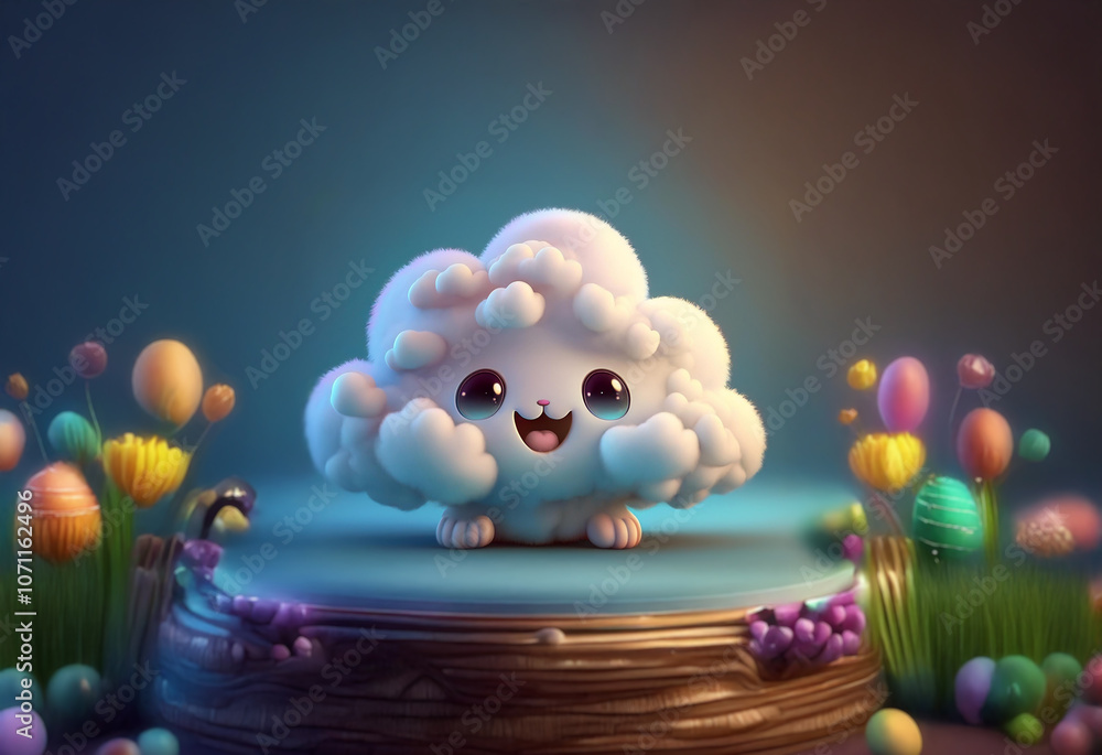 Fototapeta premium A cute white cloud with big eyes and a happy expression sits on a wooden platform. It is surrounded by colorful eggs and flowers.