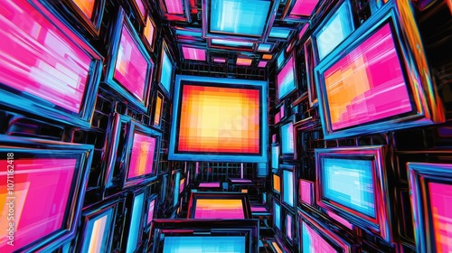 Fototapeta Naklejka Na Ścianę i Meble -  Abstract colorful tunnel of screens with bright glowing edges.