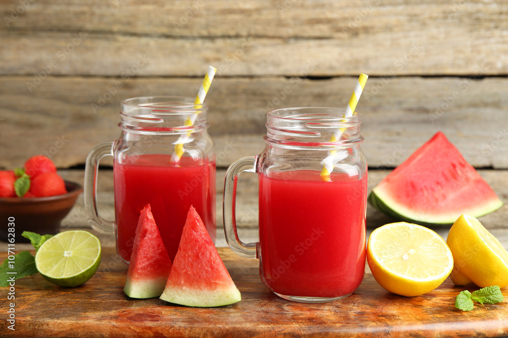 Tasty watermelon drink in mason jars and fresh fruits on wooden table Tasty watermelon drink in mason jars and fresh fruits on wooden table
