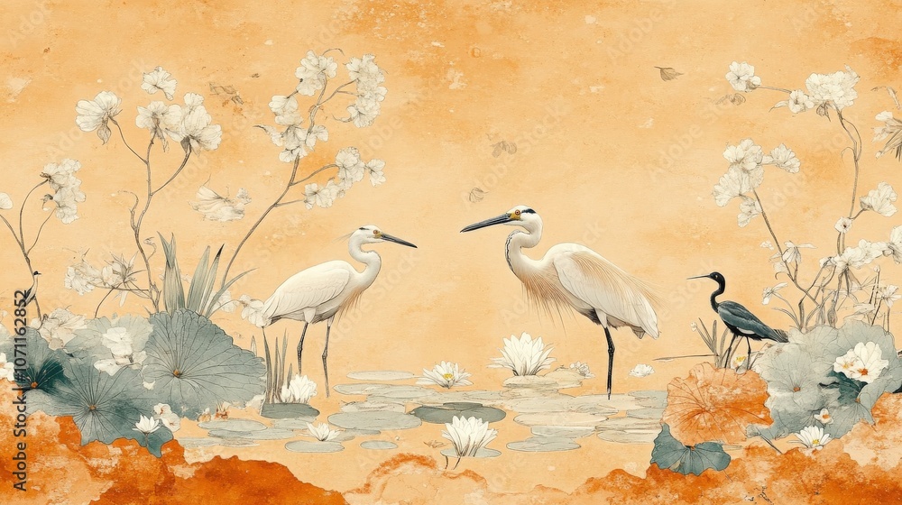 Naklejka premium Exquisite Watercolor Art of Herons and Egrets in Serene Wetlands Scene with Lush Flora and Lotus Blossoms in Tranquil Orange and Green Tones