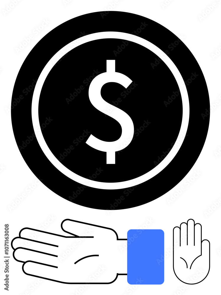 Large black coin with white dollar sign above an open hand and a raised hand, blue wristband. Ideal for finance, currency, transactions, commerce, charity, donations financial assistance. Line Large black coin with white dollar sign above an open hand and a raised hand, blue wristband. Ideal for finance, currency, transactions, commerce, charity, donations financial assistance. Line
