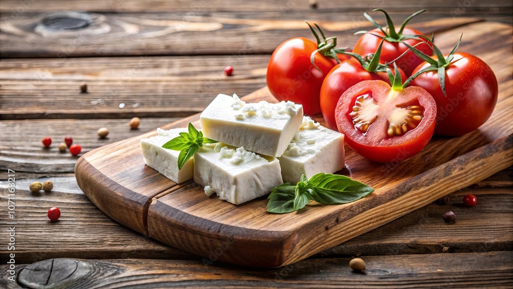 A rustic wooden cutting board adorned with fresh white cheese, juicy red tomatoes, and vibrant green basil leaves, a simple yet captivating composition. A rustic wooden cutting board adorned with fresh white cheese, juicy red tomatoes, and vibrant green basil leaves, a simple yet captivating composition.