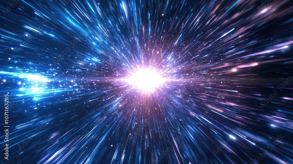 Fototapeta premium Abstract cosmic background with a bright white light in the center and blue and purple streaks emanating from it.