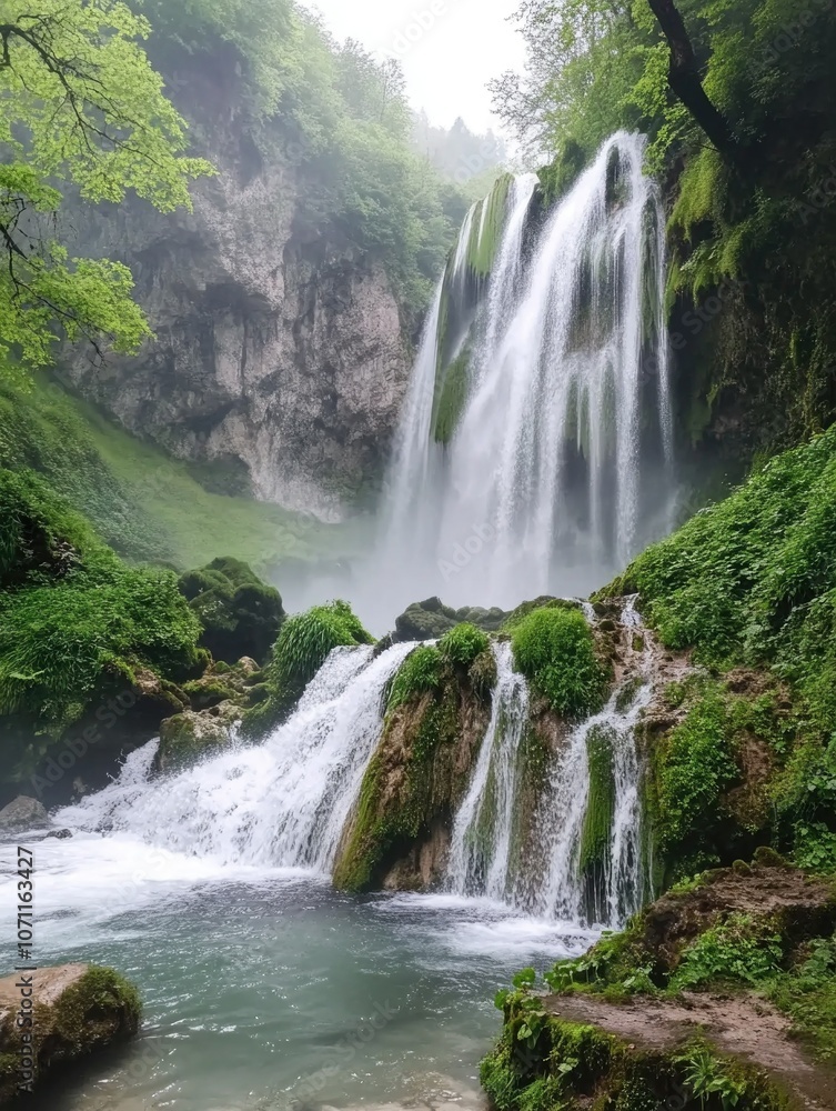 Fototapeta premium Serene Waterfall in a Forested Area
