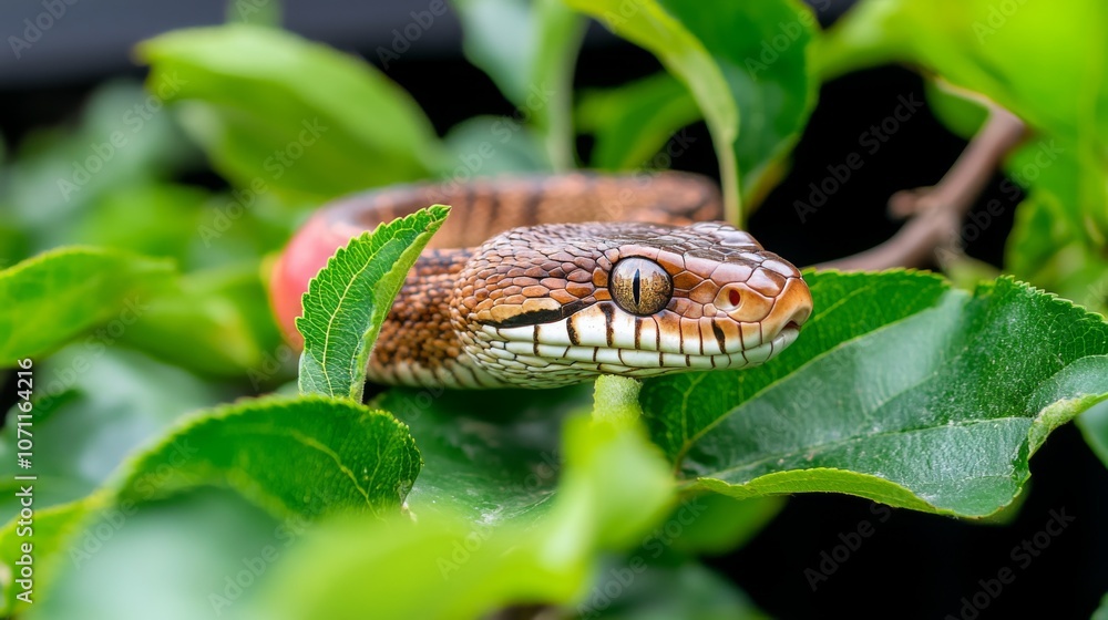 A vibrant snake resting among lush green leaves in a tropical setting during daylight hours