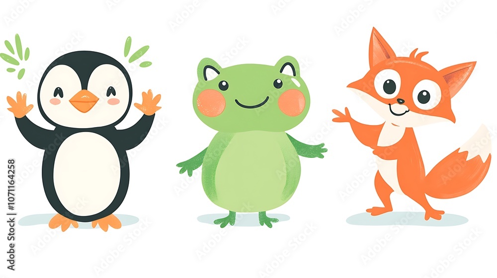 A collection of animal clipart characters, including a smiling penguin, a waving fox, and a jumping frog, all in a clean, vector style with bright colors. A collection of animal clipart characters, including a smiling penguin, a waving fox, and a jumping frog, all in a clean, vector style with bright colors.