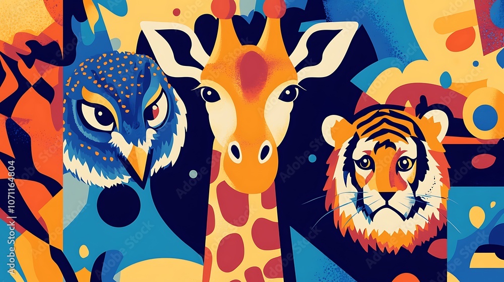 A modern vector art scene with various animals like a giraffe, tiger, and owl, each simplified with bold shapes and vibrant colors in a flat, minimalist style. A modern vector art scene with various animals like a giraffe, tiger, and owl, each simplified with bold shapes and vibrant colors in a flat, minimalist style.