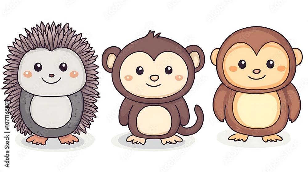 Cartoon clipart animals like a hedgehog, monkey, and owl, each in a minimal, vector style, ideal for stickers and fun designs. Cartoon clipart animals like a hedgehog, monkey, and owl, each in a minimal, vector style, ideal for stickers and fun designs.