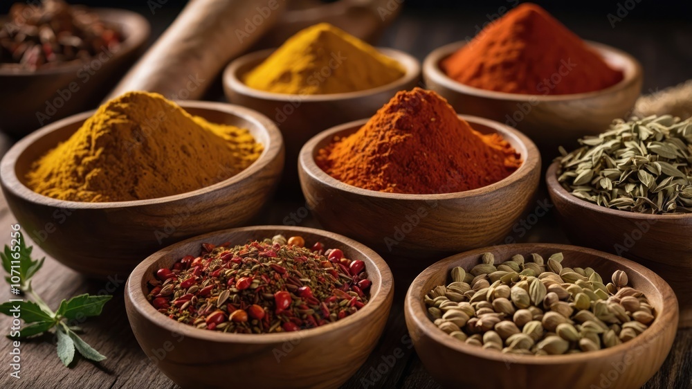 A variety of colorful spices in wooden bowls, showcasing culinary ingredients for cooking. A variety of colorful spices in wooden bowls, showcasing culinary ingredients for cooking.