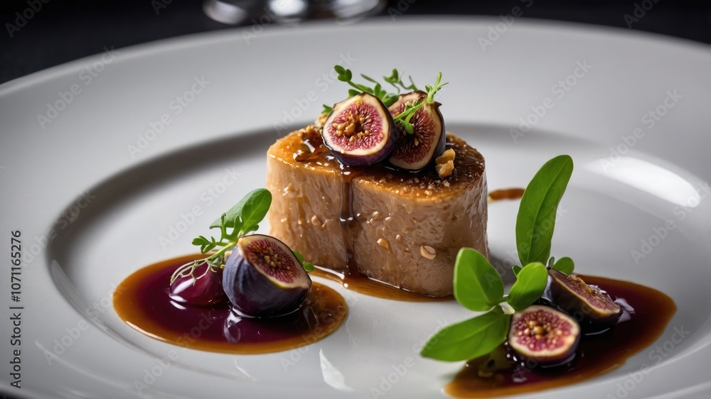 A gourmet dish featuring a slice of meat, figs, and a rich sauce, elegantly plated. A gourmet dish featuring a slice of meat, figs, and a rich sauce, elegantly plated.