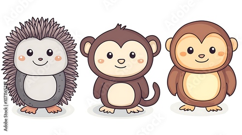 Cartoon clipart animals like a hedgehog, monkey, and owl, each in a minimal, vector style, ideal for stickers and fun designs. 