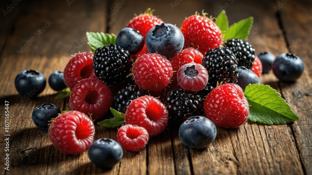 A vibrant assortment of fresh berries on a rustic wooden surface. A vibrant assortment of fresh berries on a rustic wooden surface.