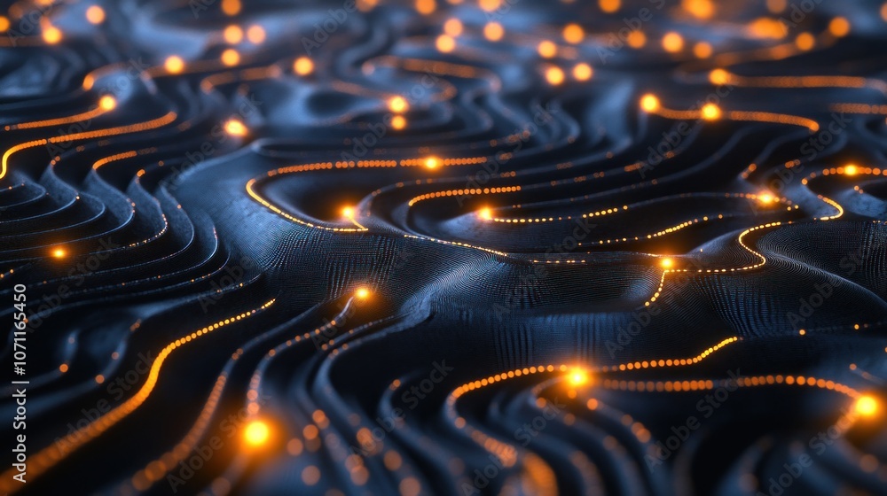 3d rendering of abstract wavy surface with glowing particles. Futuristic background with bokeh effect. - Generated AI 3d rendering of abstract wavy surface with glowing particles. Futuristic background with bokeh effect. - Generated AI