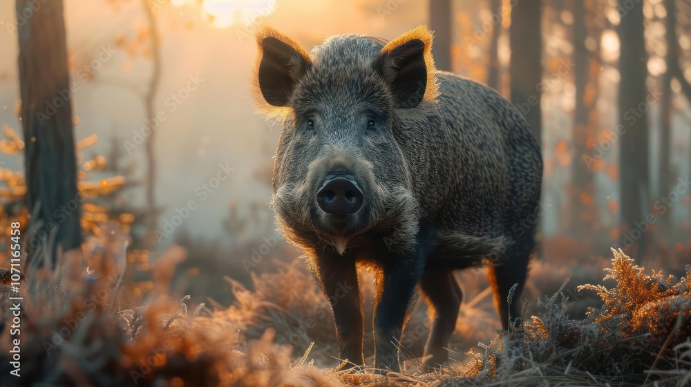 An image of a pig standing amidst nature during sunrise or sunset, with autumn foliage and a misty background. An image of a pig standing amidst nature during sunrise or sunset, with autumn foliage and a misty background.