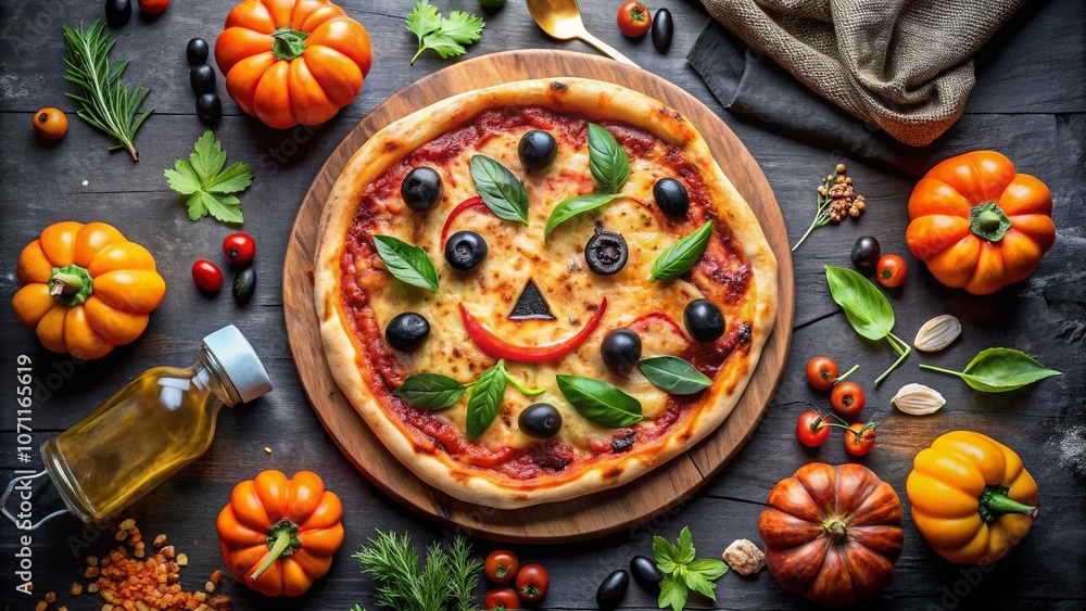 Spooky Halloween Pizza with a Smiling Pumpkin Face - Overhead View Perfectly Captured with Rule of Thirds for Festive Culinary Inspiration Spooky Halloween Pizza with a Smiling Pumpkin Face - Overhead View Perfectly Captured with Rule of Thirds for Festive Culinary Inspiration