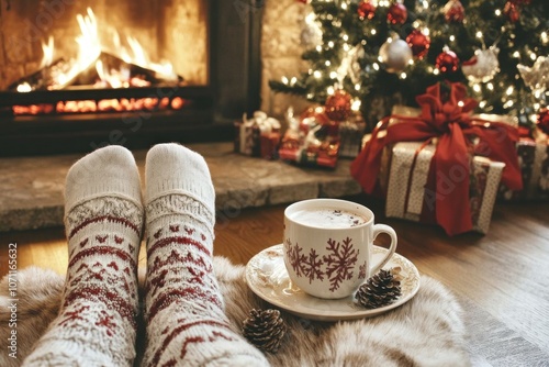 Woman in Christmas socks with a cup of coffee near the fireplace. - Generated AI