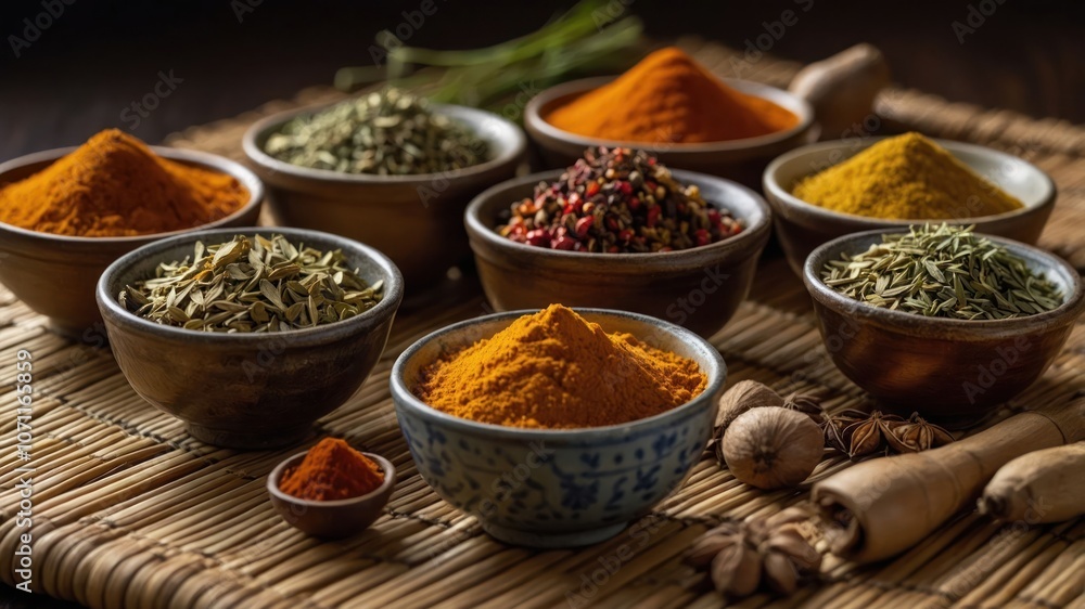 A variety of colorful spices arranged in bowls on a woven mat, showcasing culinary diversity. A variety of colorful spices arranged in bowls on a woven mat, showcasing culinary diversity.